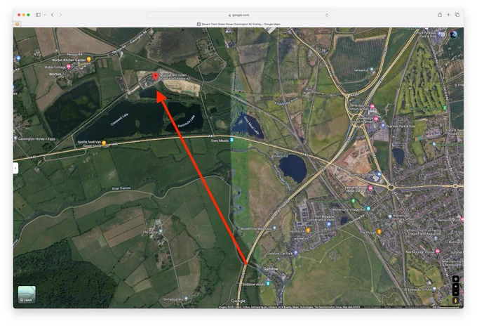 An aerial map showing the line of sight from that point on the A34 bridge towards Severn Trent Green Power's Cassington AD facility.