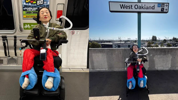 Two photos side by side. On the left is an Asian American woman in a wheelchair with a tracheostomy at her throat attached to a ventilator. She is wearing red pants and an olive jacket. She is inside a train car. On the right is the same person on an outdoor platform with the sign West Oakland