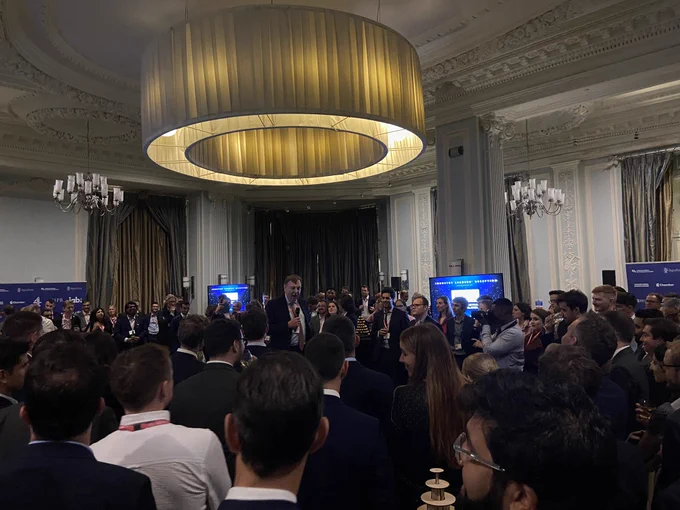 Packed room with John Whittingdale speaking in the middle of the industry leaders reception at the Conservative party conference