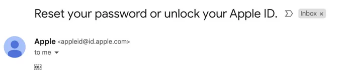 an email with subject "Reset your password or unlock your Apple ID", from appleid@id.apple.com, with the OBJ character (U FFFC) at the beginning of the email.