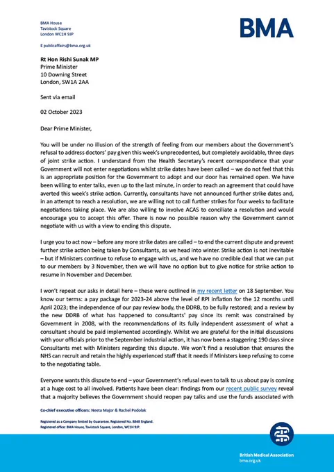 Letter to the Prime Minister Rishi Sunak from BMA Consultant Committee chair Dr Vishal Sharma. The letter lays out our offer of talks, facilitated by ACAS, to end the Consultant pay dispute.