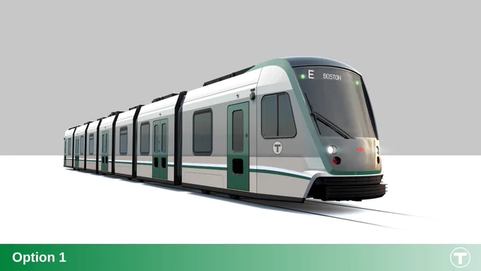 A design rendering with "Option 1" paint scheme for the future Green Line Type 10 train with green doors and shades of grey side panels.