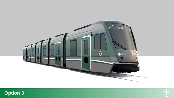 A design rendering with "Option 3" paint scheme for the future Green Line Type 10 train with green doors and grey and green siding.