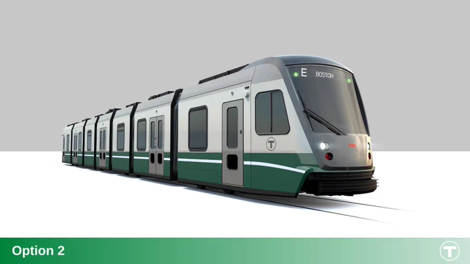 A design rendering with "Option 2" paint scheme for the future Green Line Type 10 train with grey doors and white and green siding.