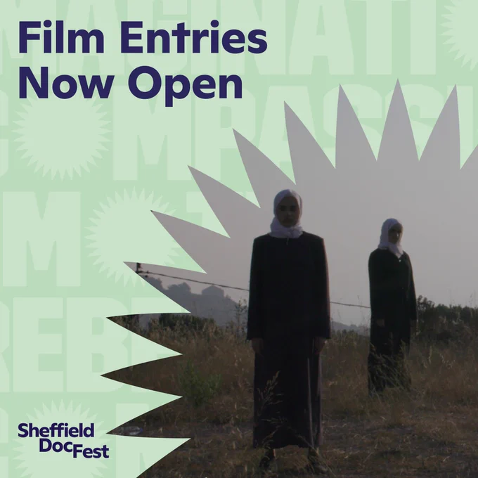 Green graphic with blue writing which reads: Film Entries Now Open. On the right is an image of two people wearing long black dresses and white hijabs. The image is cut into the shape of a spark.