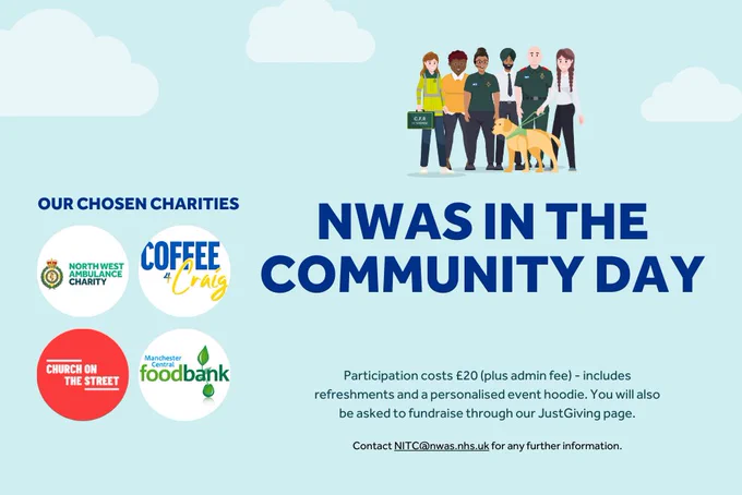 Graphic to advertise the community day. People and a dog in animated form with the charity logos on a sky blue background with clouds at the top of the image. 