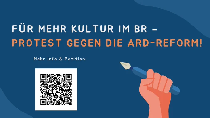 Grafik: Eine Faust hält einen Füller mit Text: Für mehr Kultur im BR - Protest gegen die ARD-Reform
