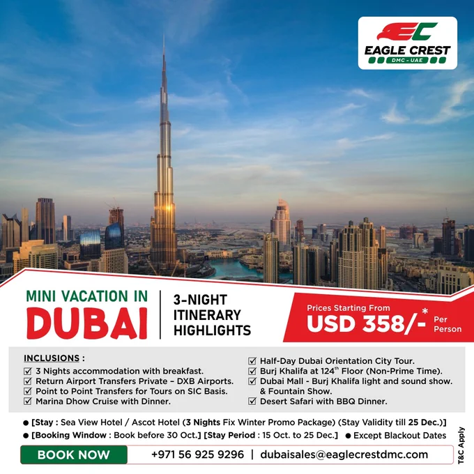 🤩Experience the glitz and glamour of Dubai while exploring iconic landmarks, savoring world-class cuisine, and indulging in luxury shopping during your 3-night getaway.