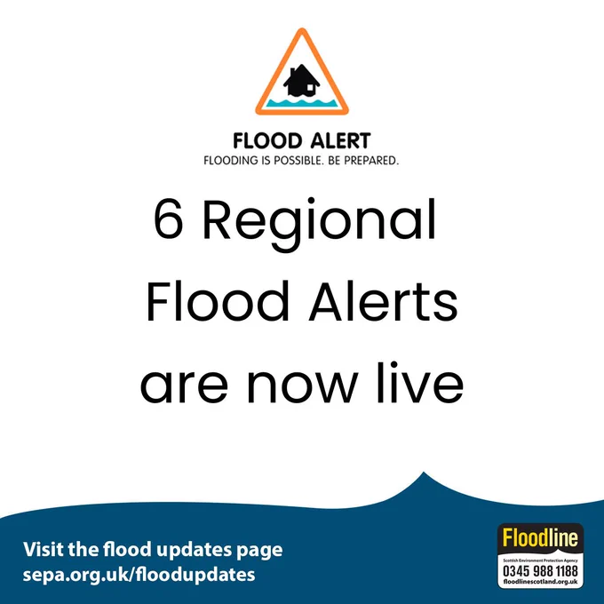 Graphic with Flood Alert icon showing a house with floodwater. Text reads six Regional Flood Alerts are now live. Visit the flood updates page sepa.org.uk/floodupdates. Floodline logo includes the Floodline number 0345 988 1188
