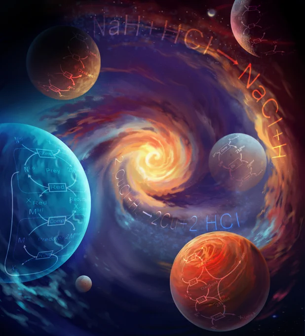 An array of autocatalytic reaction diagrams, superimposed on the surfaces of a variety of colored planets that are rotating around a central swirling nebula of gases. Artist: Ella Maru.