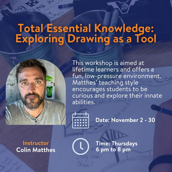 Total Essential Knowledge: Exploring Drawing as a Tool. 

This course occurs from November 2nd through November 30th, 2023, and takes place on Thursdays from 6 pm to 8 pm. 
