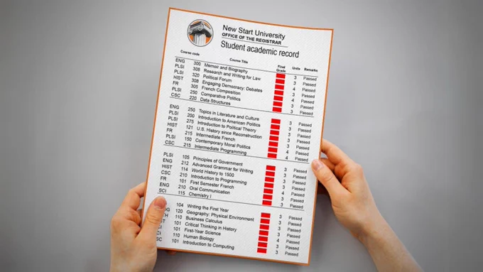 An illustration of a college student's transcript with grades redacted in red.