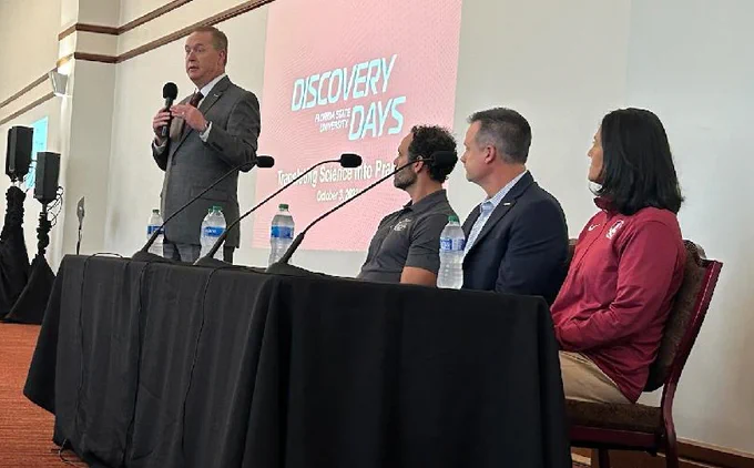 FSU Athletic Director Michael Alford speaking at the "Translating Science Into Practice" seminar, part of FSU Discovery Days.