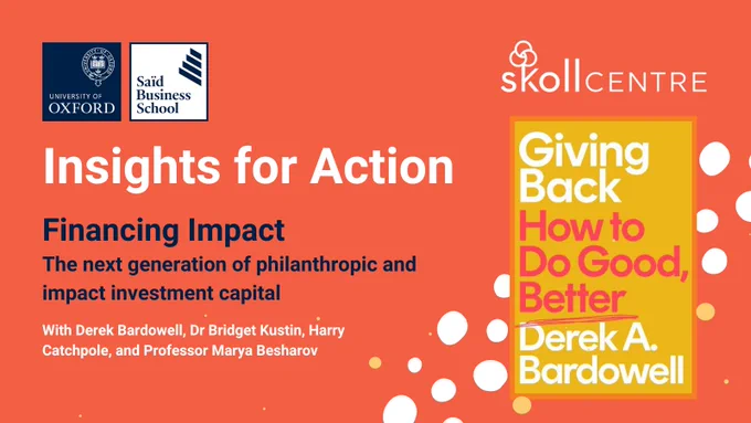 Colourful red graphic featuring the cover of Derek's book 'How to Do Good Better'. Text reads 'Insights for Action: Financing Impact.'