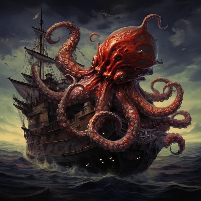Scene Description: A ferocious maritime confrontation, impending storm. Octopus: Emerges, its deep maroon, skin reflecting its, Eyes glowing, menacing crimson, tentacles writhe, ready, Ship: A majestic vessel --style raw --s 100
