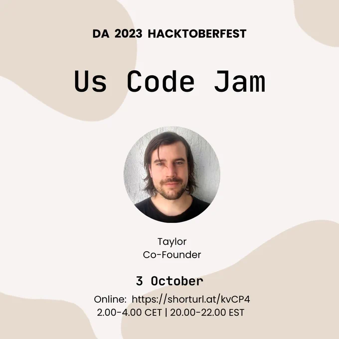 The image shows a DA team member and says that people can join us at 20.00-22.00 EST through the link in the tweet