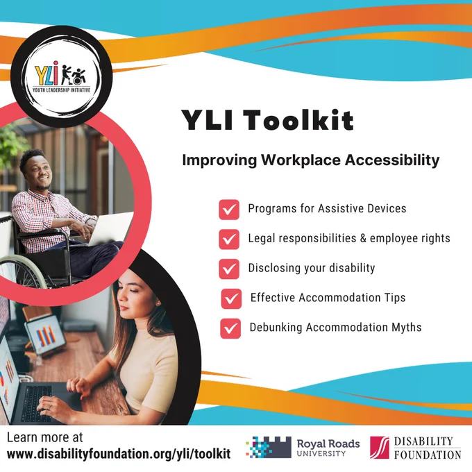 Photo 1: A young man in a wheelchair with a bright smile, confidently using his laptop. Photo 2: A young woman working from home, attentively using a screen reader on her laptop. YLI Toolkit. Improving workplace accessibility.