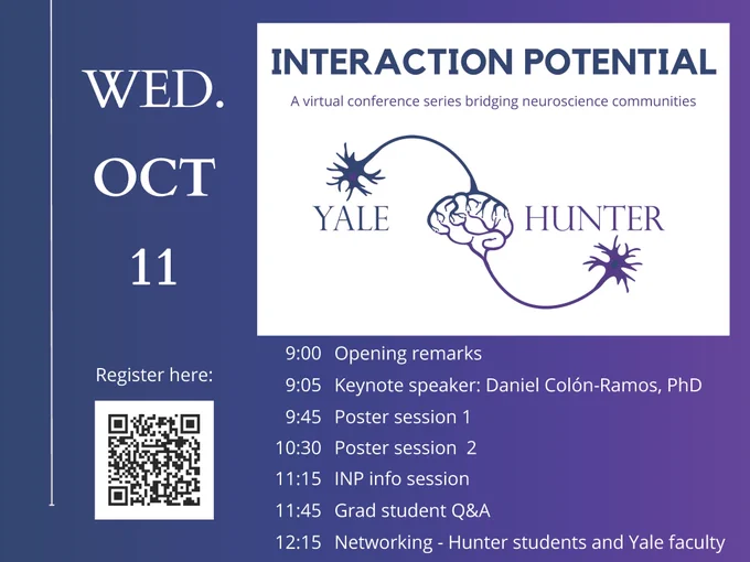 Flyer of the Interaction Potential conference highlighting the work of Hunter College undergrads in neuroscience. Registration QR code.