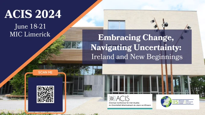 Image of the Tara Building, MIC Limerick with the conference theme highlighted in blue - Embracing Change, Navigating Uncertainty: Ireland and New Beginnings