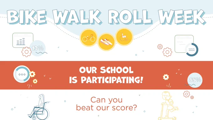 Illustration of two students wheeling and rolling to school. Additional data visuals, including graphs, pi charts, and percentages are scattered around the graphic. The text reads “Our school is participating! Can you beat our score?”