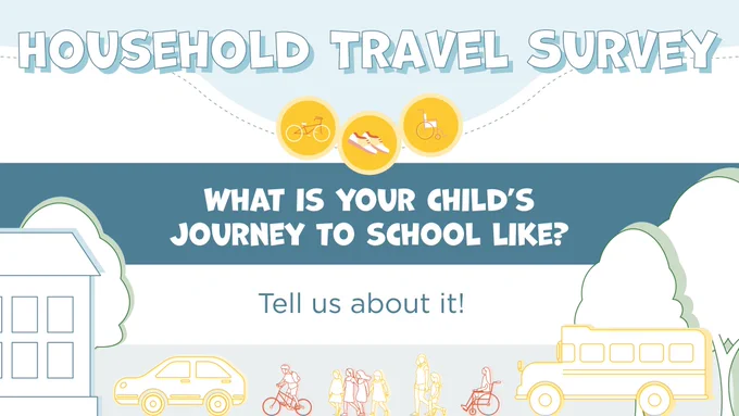 Illustration of a car, a person on a bike, a group of friends, a child on a scooter, a person in a wheelchair, and a school bus travelling towards a school. Text reads "Household Travel Survey. What is your child’s journey to school like? Tell us about it!” 