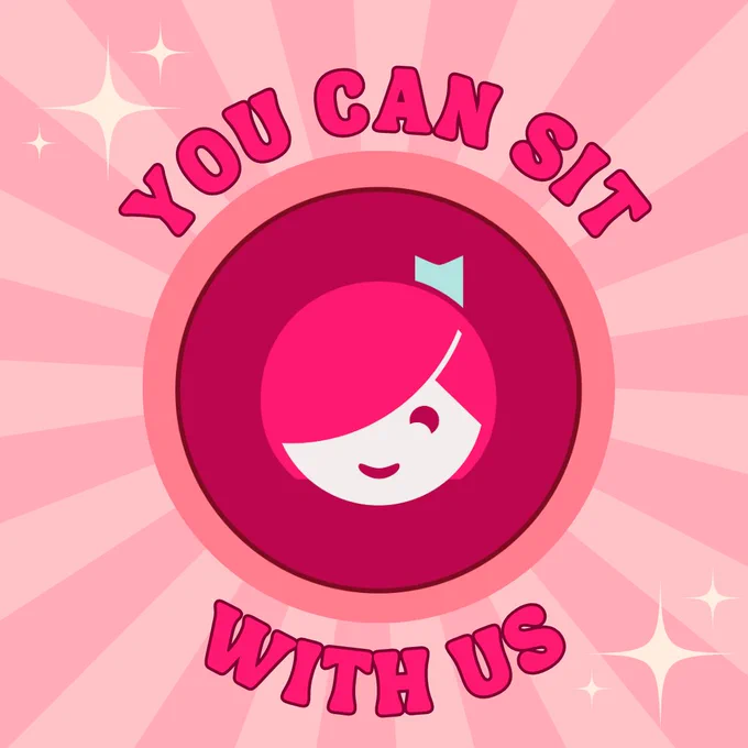 Colorful, pink graphic with Libby logo. Text reads "You can sit with us", a quote from the movie Mean Girls. 
