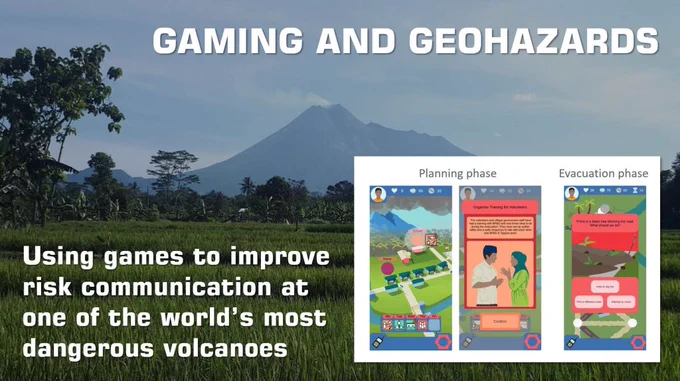 Photo of Merapi, a come shaped volcano with white smoke coming from its top. Screenshot of the computer game app on the bottom right of image. Text says Gaming and Geohazards- using games to improve risk communication at one of the world most dangerous volcanoes