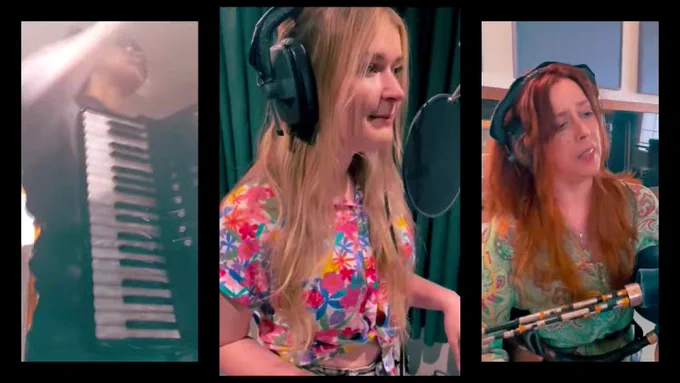 Screenshot of the video by Kathryn Tickell & The Darkening, which is featured in this month's chart show. It shows Amy Thatcher, Josie Duncan and Kathryn Tickell recording music together. 