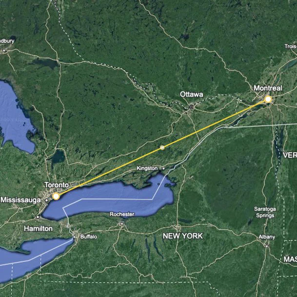 Toronto and Montreal linear line between the two
