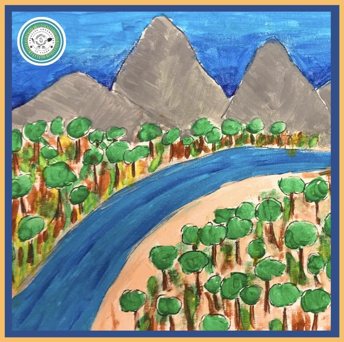 A kid's landscape painting. There is a blue sky that fade to a deeper shade of blue on the horizon. In the background, three grey mountains rise over a wooded landscape.  A blue river cuts and curves through the  forest from the left foreground to the distant middle-ground of the composition.