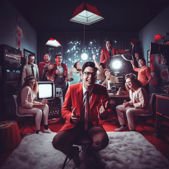 A content creator set in a retro studio, backed up by his top fans helping him co-create content based on feedback