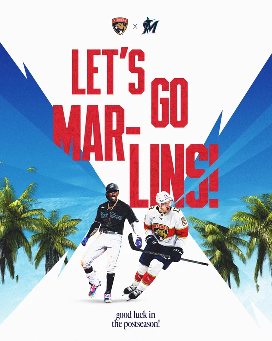 Graphic for the Miami Marlins postseason run.

In the center, Jazz Chisholm and Sam Reinhart are depicted celebrating side by side. Above them in capital, red letters it reads "Let's go Mar-Lins!"

The sides are triangles pointing to the middle that have sky and palm trees in them.

In navy at the bottom it says "good luck in the postseason" in navy, lowercase letters.