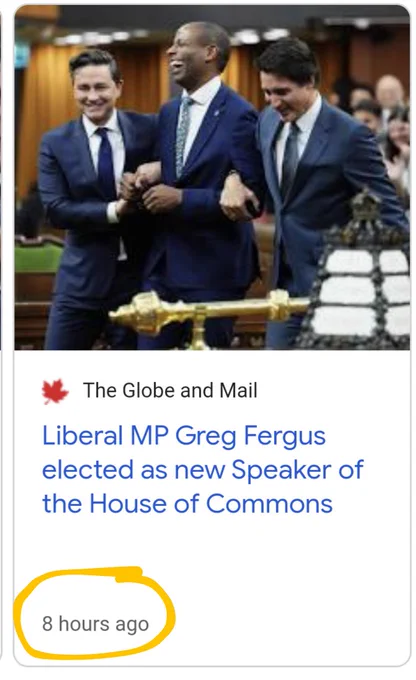 A screenshot of a headline from The Globe and Mail announcing the election of a new speaker in Canada. The story was posted about 8 hours ago.