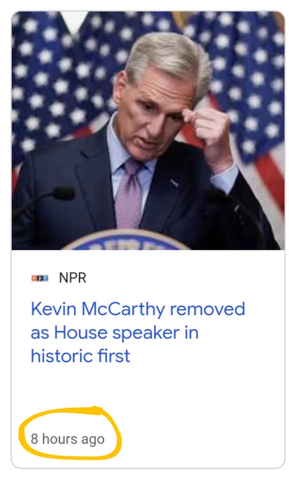 A screenshot of a headline from NPR announcing the ousting of the United States speaker. The story was posted about 8 hours ago.