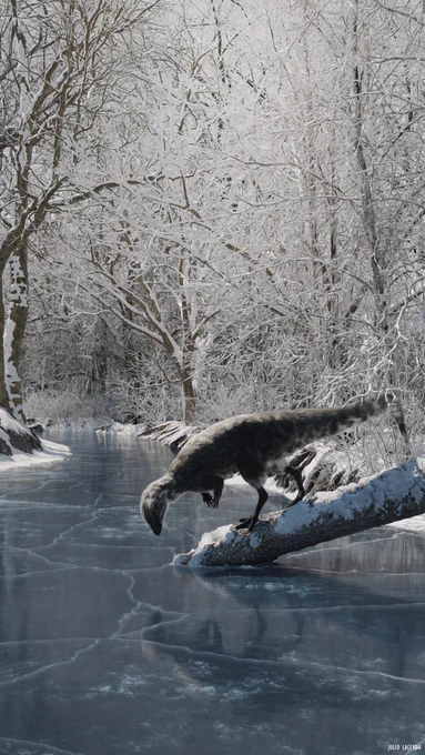 A fluffly Morrosaurus studies the cracked surface of a frozen river from its perch on a fallen log, amidst a snow-covered forest.
