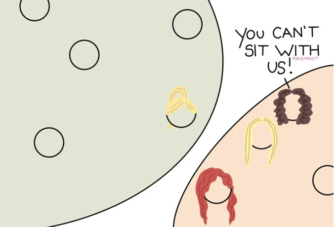 Two clusters of points. In one cluster one of the points has a blonde ponytail. In the other cluster, there are three points with hairstyles, one red hair, one short, blonde hair, and one cut curly brown hair. The point with curly brown hair is saying you can’t sit with us. The scene is inspired by the mean, girls movie where Gretchen wieners says you can’t sit with us to Regina George.