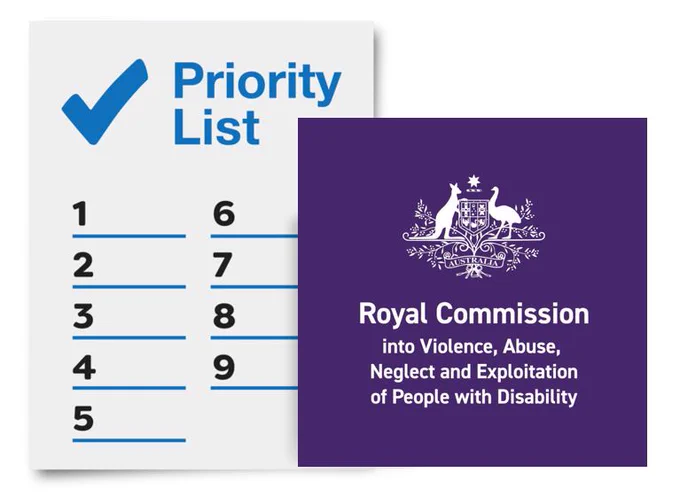 An Easy Read image which has a numbered priority list and the official logo of the Disability Royal Commission. 