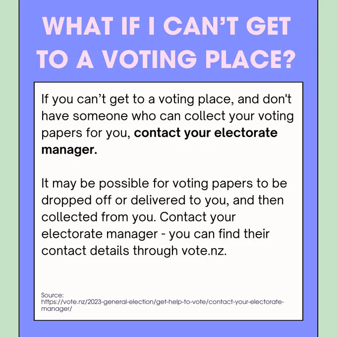 All the next slides have a blue background with green borders. Each slide has a header in pink, and the answer below in black on a white background. 

This one starts with "What if I can’t get to a voting place?" 
The answer section says " If you can’t get to a voting place, and don't have someone who can collect your voting papers for you, contact your electorate manager.

It may be possible for voting papers to be dropped off or delivered to you, and then collected from you. Contact your electorate manager - you can find their contact details through vote.nz." 

It cites the source as: 
https://vote.nz/2023-general-election/get-help-to-vote/contact-your-electorate-manager/