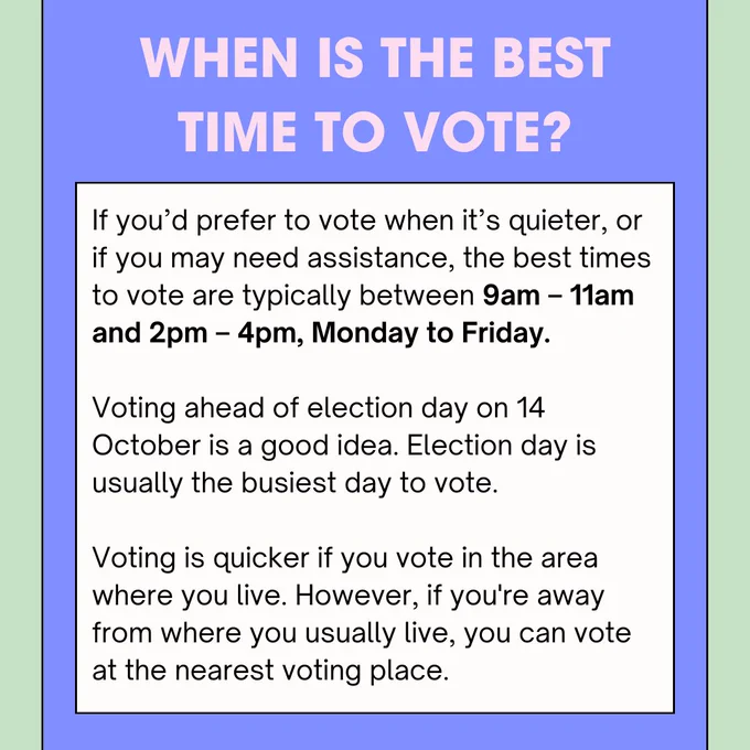The header says "When is the best time to vote?"

The answer below says: "If you’d prefer to vote when it’s quieter, or if you may need assistance, the best times to vote are typically between 9am – 11am and 2pm – 4pm, Monday to Friday.

Voting ahead of election day on 14 October is a good idea. Election day is usually the busiest day to vote.

Voting is quicker if you vote in the area where you live. However, if you're away from where you usually live, you can vote at the nearest voting place."