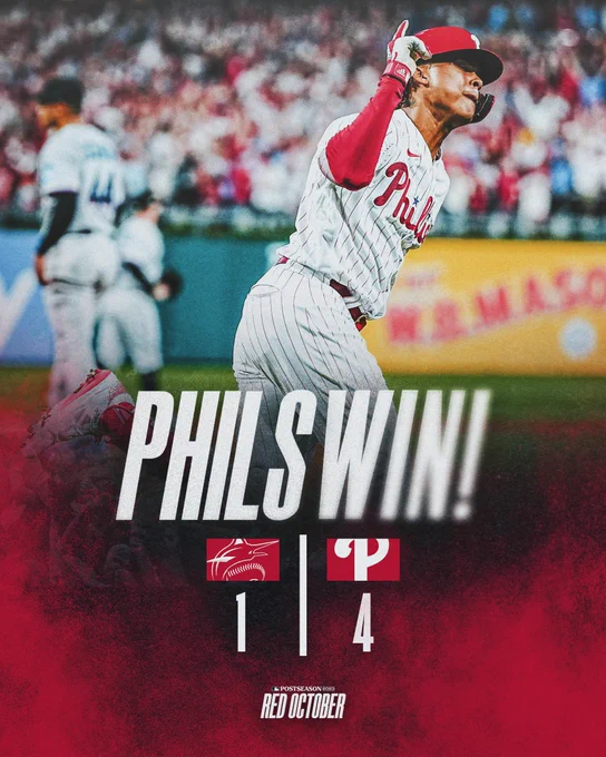 Phils win! Final Score graphic: Marlins 1, Phillies 4. Photo is of Cristian Pache celebrating after an RBI single. He’s wearing the red pinstripes Phillies uniform.