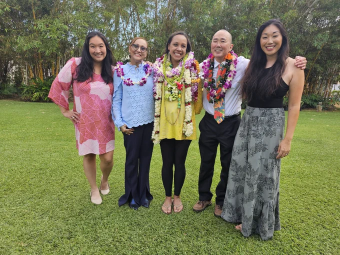 hawai‘i state teachers of the year flanking newly awarded Jackie Freitas