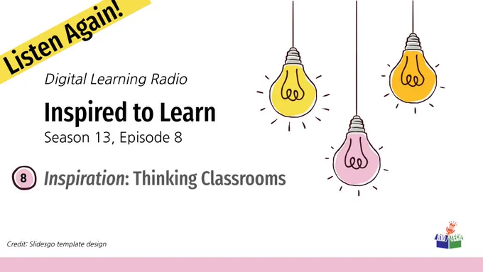upper left: Listen Again! upper right: 3 sketched lightbulbs, hanging from the top, lower right, R10Tech podcast logo; "Digital Learning Radio, Inspired to Learn, Season 13, Episode 8, Inspiration: Thinking Classrooms" Credit: Slidesgo template design