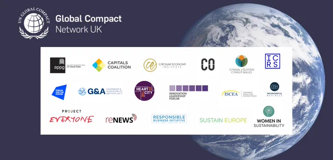 Compact Network UK banner showing the event partners of its 2023 Annual Summit: APPG UN Global Goals, Capitals Coalition, Circular Economy Institute, Common Objective, Cynnal Cymru, ICRS, Forum for the Future, G&A Institute, Heart of the City, Innovation Leadership Forum, ISCEA, Meaningful Business, Project Everyone, reNews, Responsible Business Initiative for Justice, Sustain Europe, Women in Sustainability.