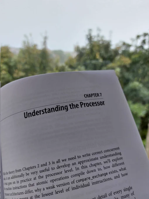 The corner of a book page reading "Chapter 7 - Understanding the Processor" held up in front of a rainy window with trees