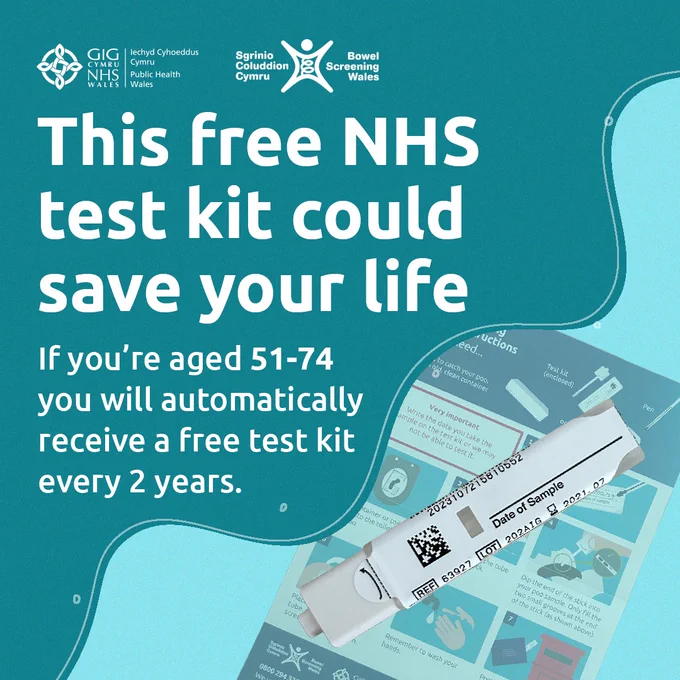 Image of a bowel screening test kit in bottom corner. Text reads: This free NHS test kit could save your life. If you're aged 51-74 you will automatically receive a free test kit every 2 years.