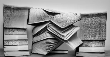A black and white image of books folding into each other in a distorted, abstract and unusual way.