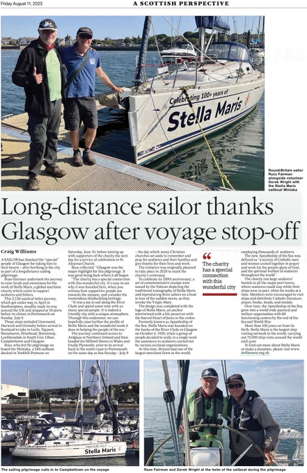 Screenshot of an online news article. A large image of two men stood beside a docked Stella Maris boat is at the top of the page. Title reads 'Long-distance sailor thanks Glasgow after voyage stop-off'. Below this is 4 columns of text and two images at the bottom of the page which show the two men sailing the boat and a side angle of the boat docked in the water. 