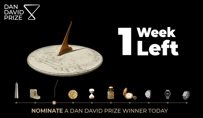 A graphic showing that there is only 1 week left to nominate for the 2024 Dan David Prize. There is an image of a sundial which makes up part of a timeline with various time pieces throughout history, including an hourglass, a pocket watch and a smart watch. 