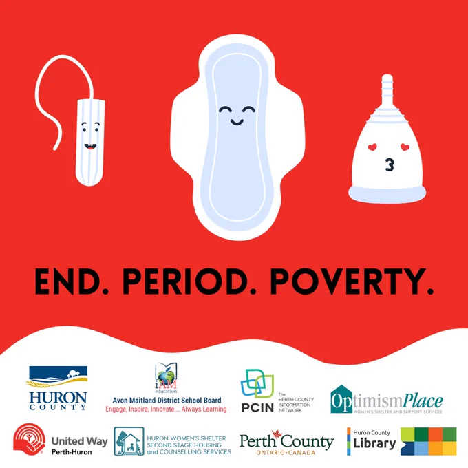 End period poverty with a graphic of period supplies with happy little faces.